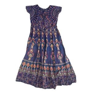 Vintage 70s Indian Cotton Wrap Dress Peacock Block Print Gauze Boho Maxi Blue